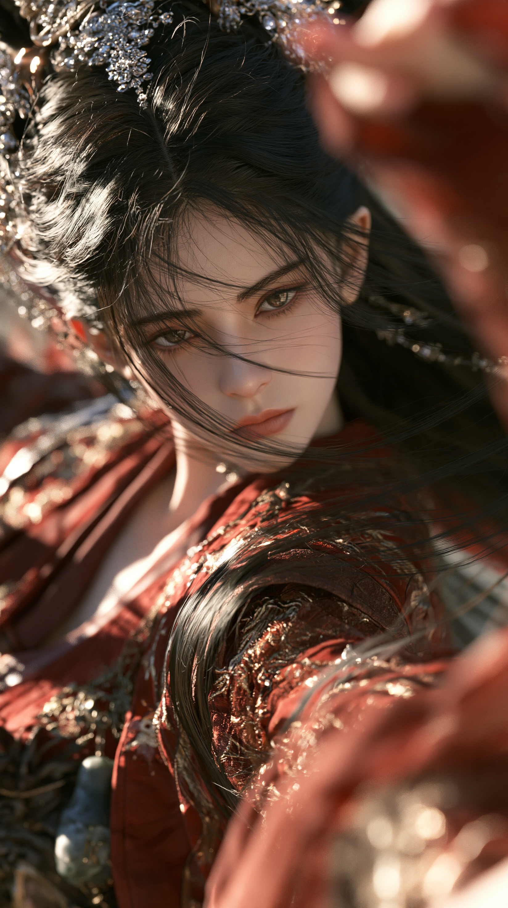 Cinematic medium close-up, camera at chest…