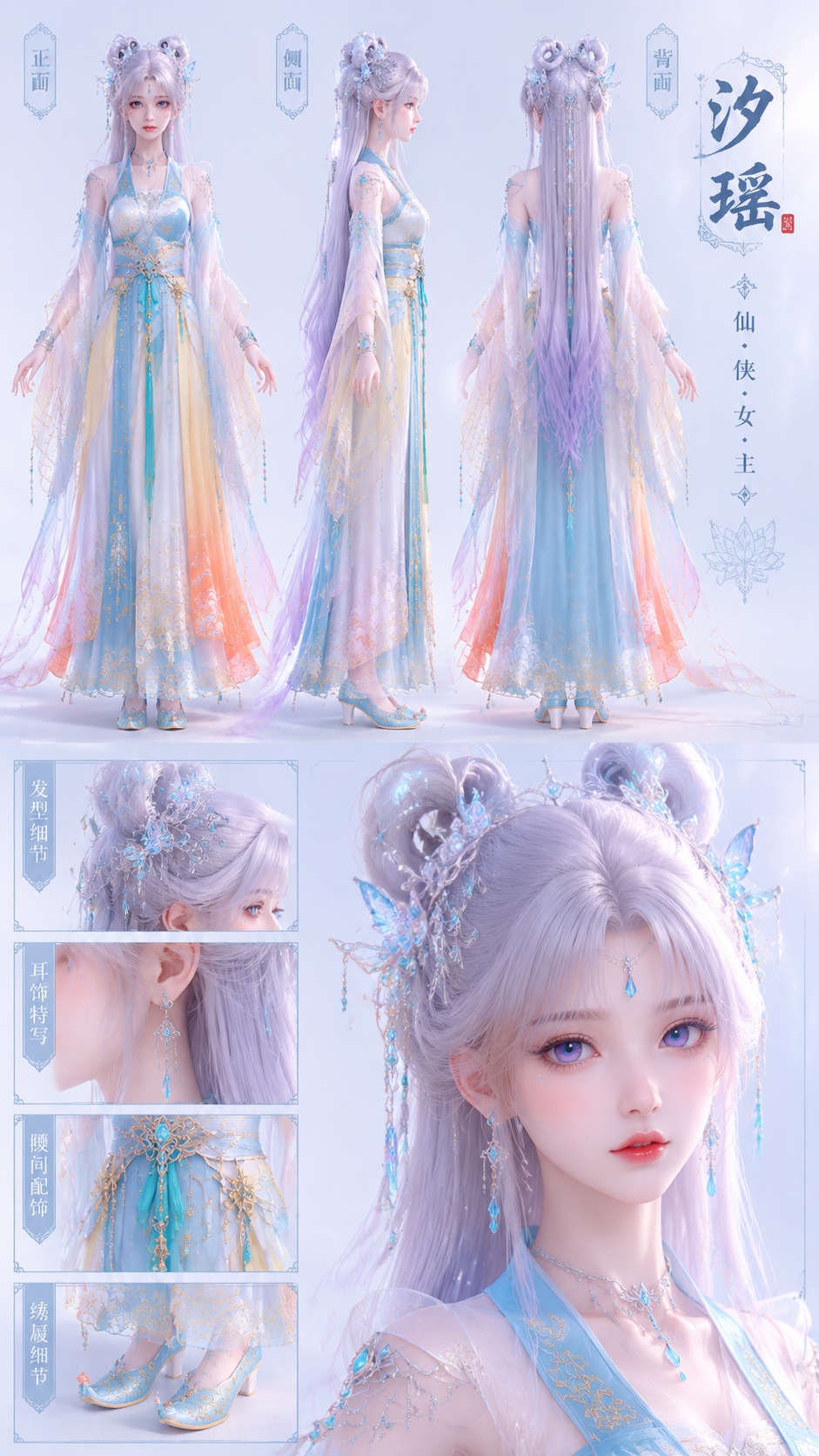 一位仙侠女主，名字标注“汐瑶”。3D国漫CG渲染，纯净明亮背景，高精度角色设定板…