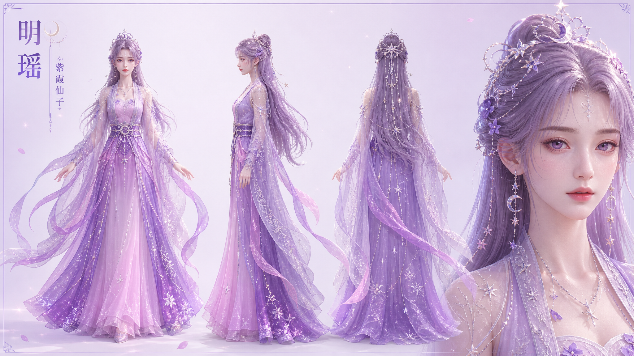 生成一张单人角色设定图，只展示一个女性角色。

角色名：明瑶，紫霞仙子。

外貌…