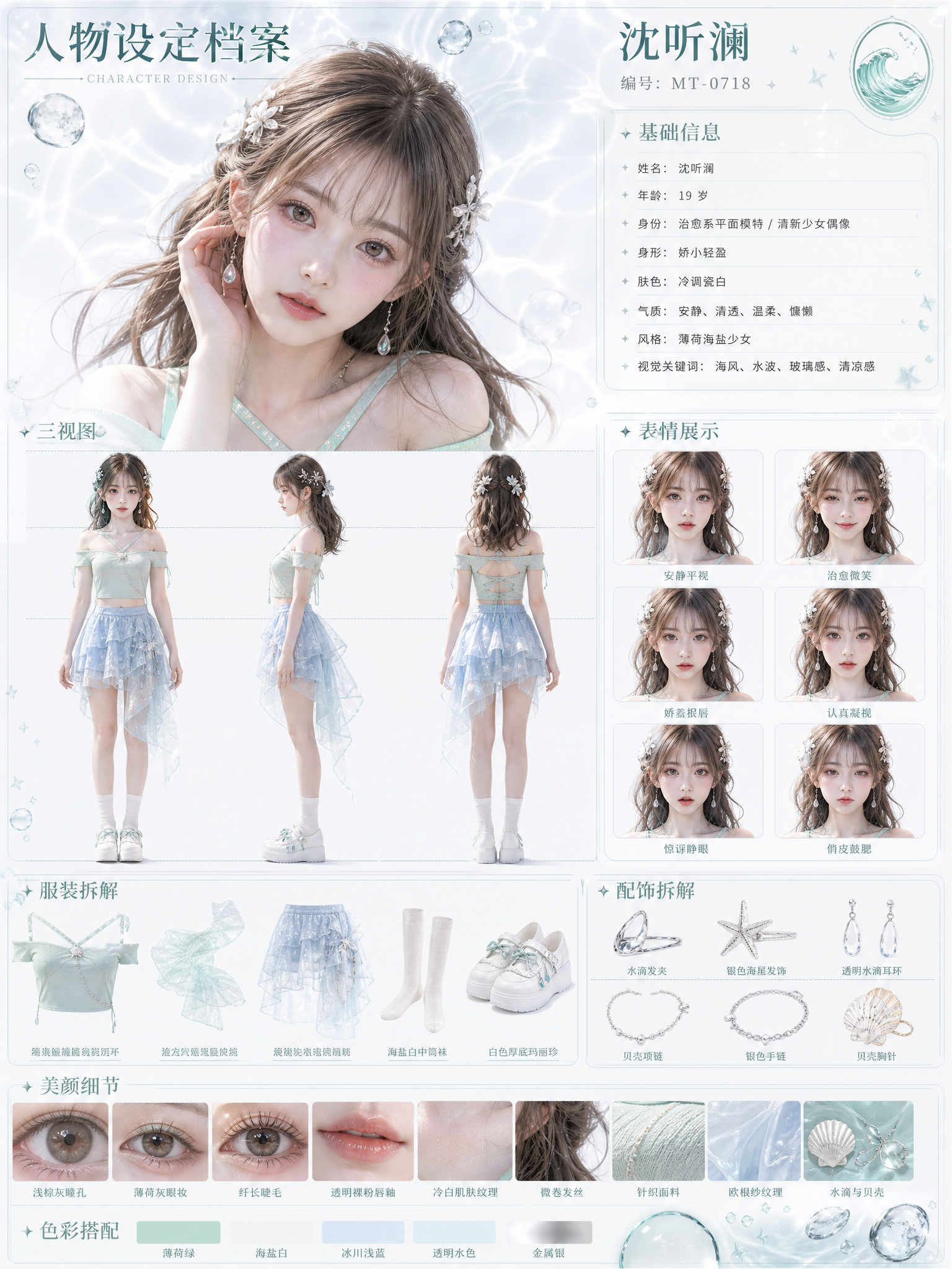 竖版 AIGC 女性角色设定档案海报，竖构图人物资产卡片，主题为薄荷海盐治愈系少…