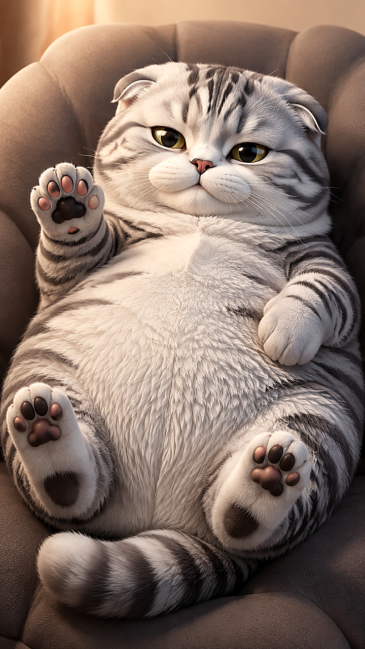 一只圆滚滚肥胖银虎斑折耳猫，肉爪抬起，放松慵懒，蓬松厚实毛发，清晰粉黑肉垫，3DQ版…
