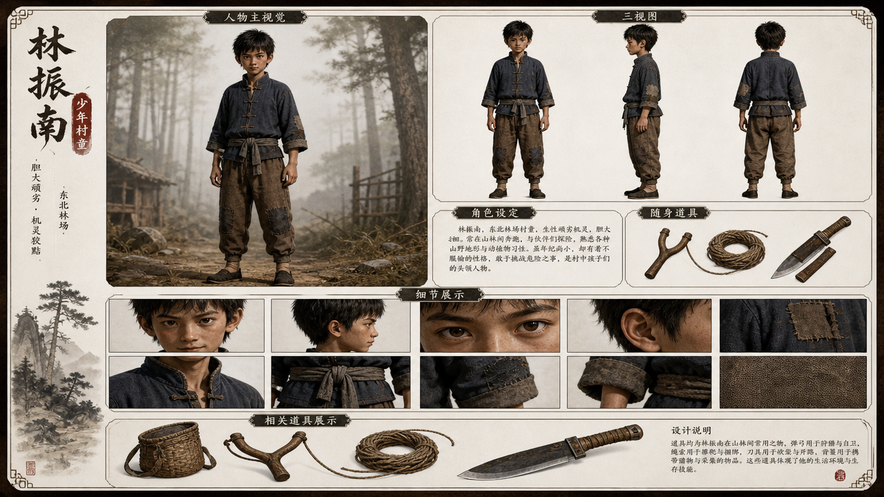 ### 林振南（少年村童）

民国民俗灵异角色设定集，16:9 横向构图，土褐墨绿山…