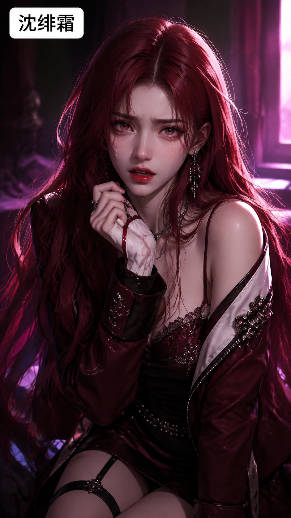 {"姓名": "沈绯霜",
"别名": "富家少女,网恋女友,女主,暗红长发少女…