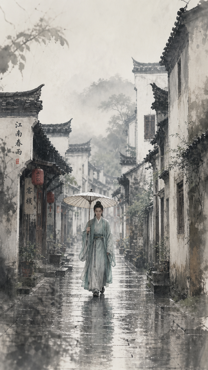 水墨江南风格，水彩质感。春雨中的古镇小巷，湿漉漉的青石板路泛着微光，雨滴落下溅起细小…