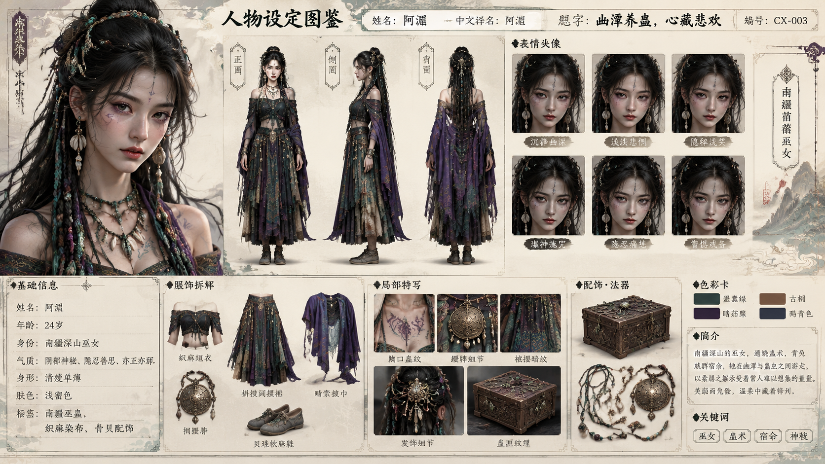 提取全文
 
3. 阿湄
 
横版16:9 AIGC东方奇幻仙侠女配设定图鉴，主题「…
