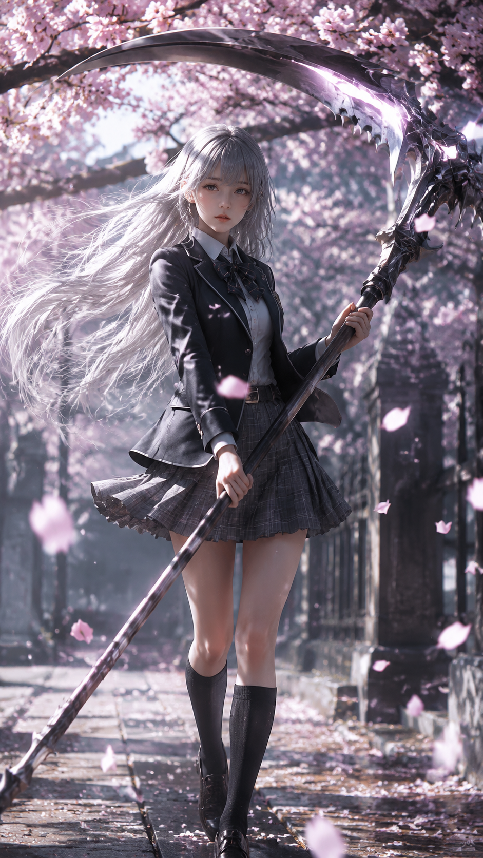 アニメ調、日本の女子高校生、ブレザーの制服、銀髪、清楚な感じ、桜の花が風に舞う，fu…