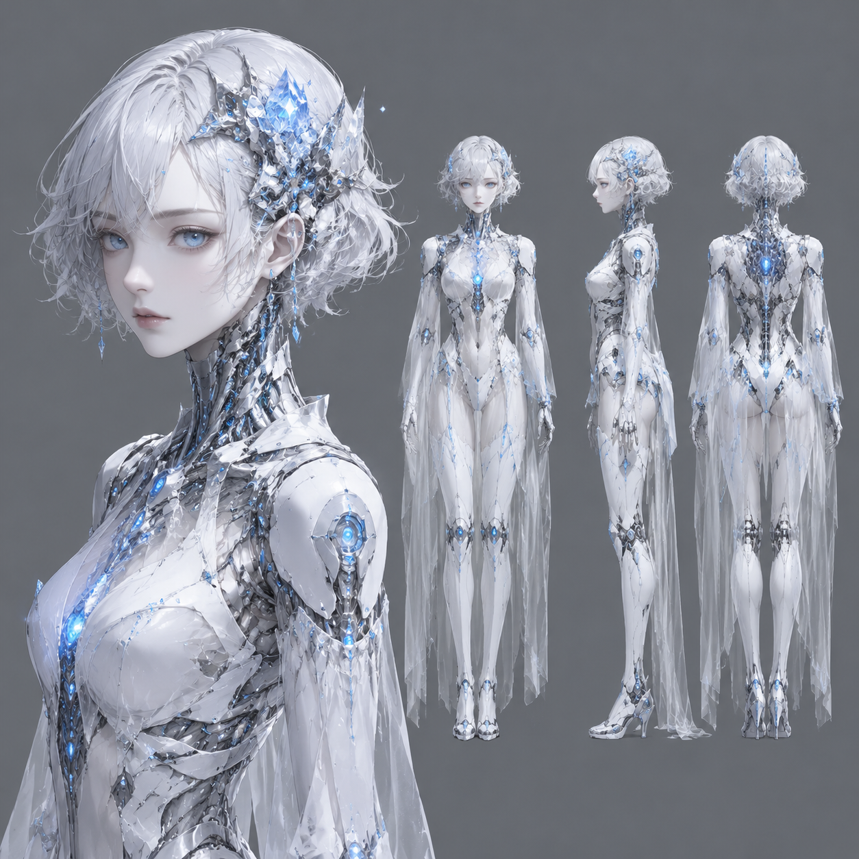 仿生人少女，年轻女性，极白冷调肤色，冰蓝色眼眸，神情安静疏离，银白色短卷发，发间…