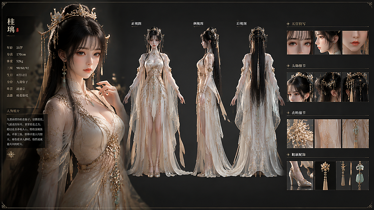 帮我生成图片：16:9横向专业人物设定展板，CG影视级角色原画版式，深灰高级暗背…