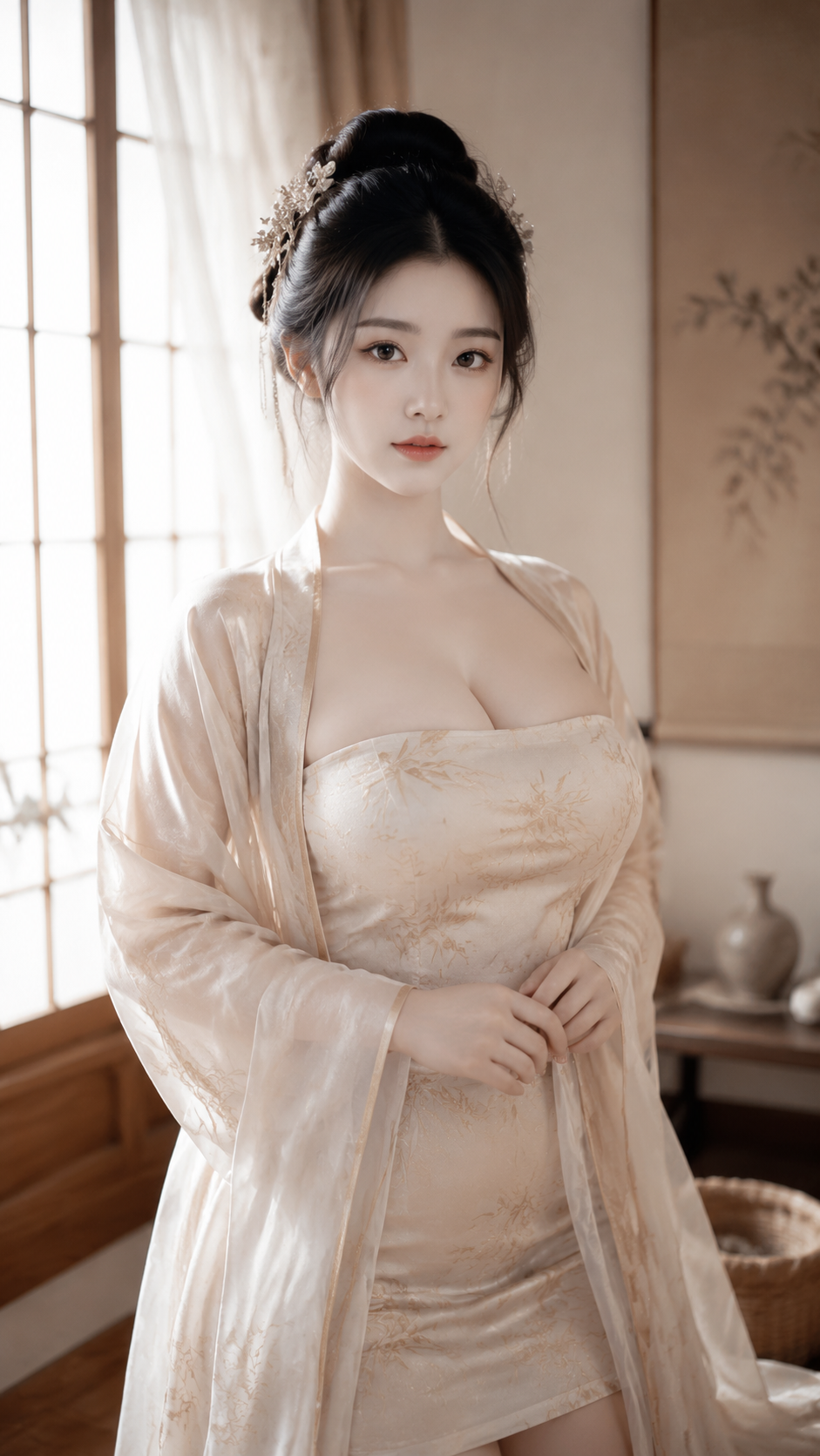真实摄影风格的东方古典人像，一位20岁中国美女，冷白皮、白皙透亮肌肤，鹅蛋脸，五…
