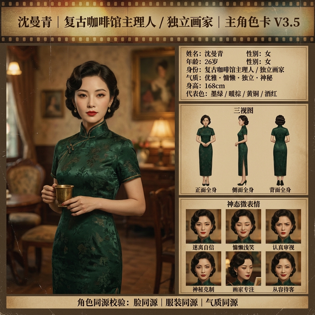 1. 顶部标题区（X0‑100% Y0‑8%）复古电影风格
文字：沈曼青｜复古咖…