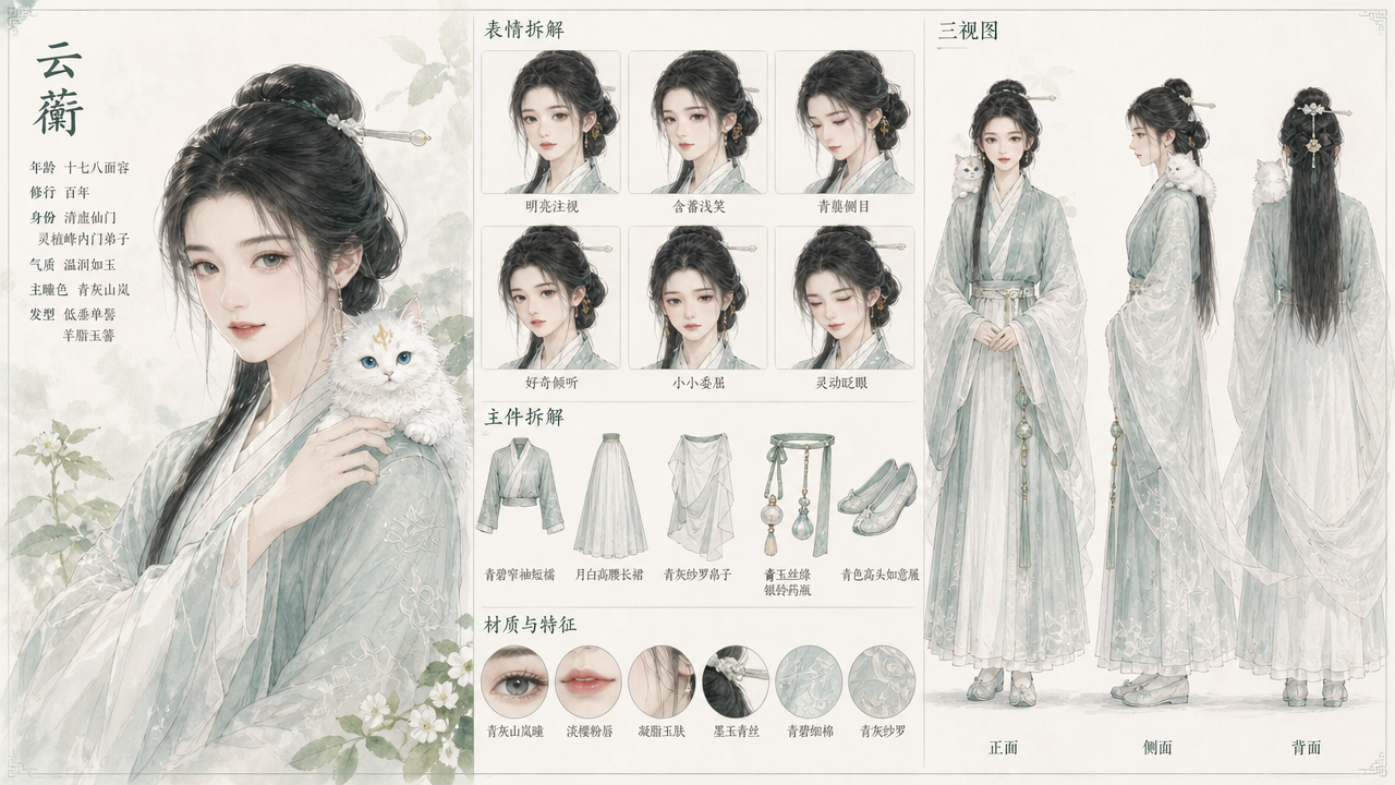 生成图片：# 云蘅 · 清虚仙门灵植峰弟子 · 角色卡（唐风仙侠版）

---
…