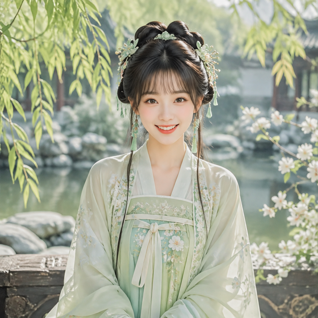 古风少女，嫩绿渐变襦裙，唇红齿白，杏眼，眼睛明亮，娇俏，活泼甜美，17岁，垂髻，碧玉…