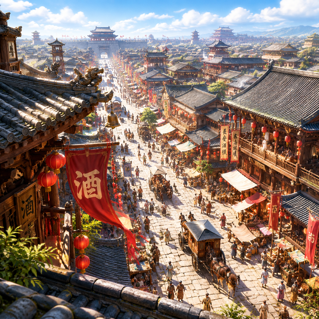 - 详细描述：古代都城天都长安城的繁华主街与两侧连绵屋宇，街道宽阔通达，两侧商铺楼阁林立，二层挑出木檐与招幌，街道上车水…