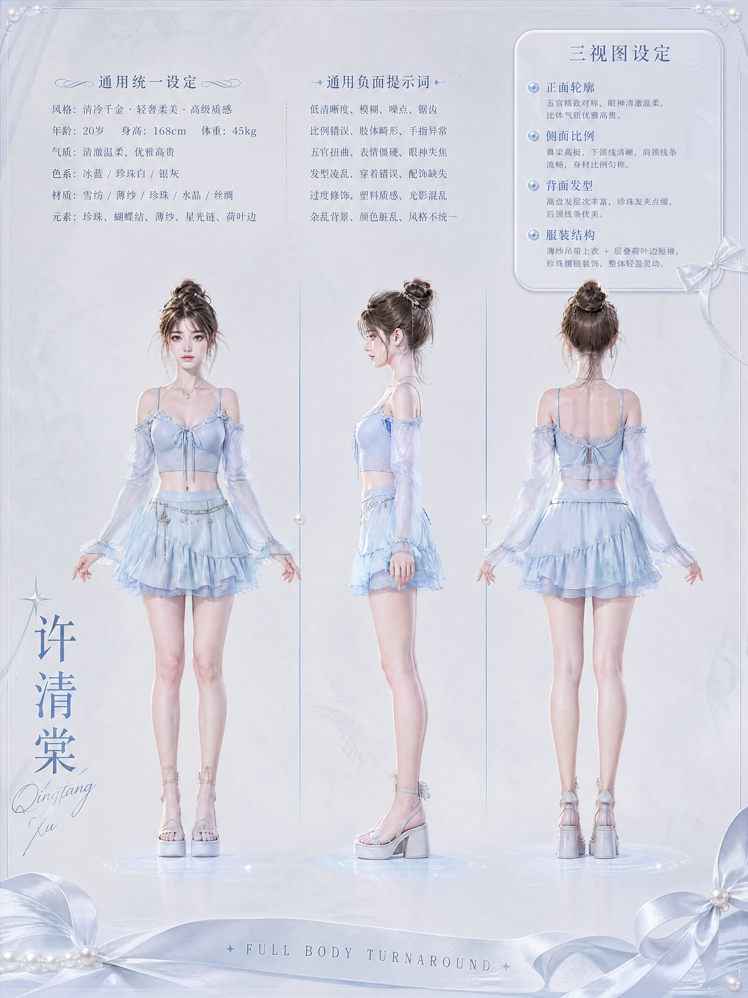 生成一张竖版高级白富美千金人物设定集页面，主题为“许清棠 · 三视图展示”。

加入…