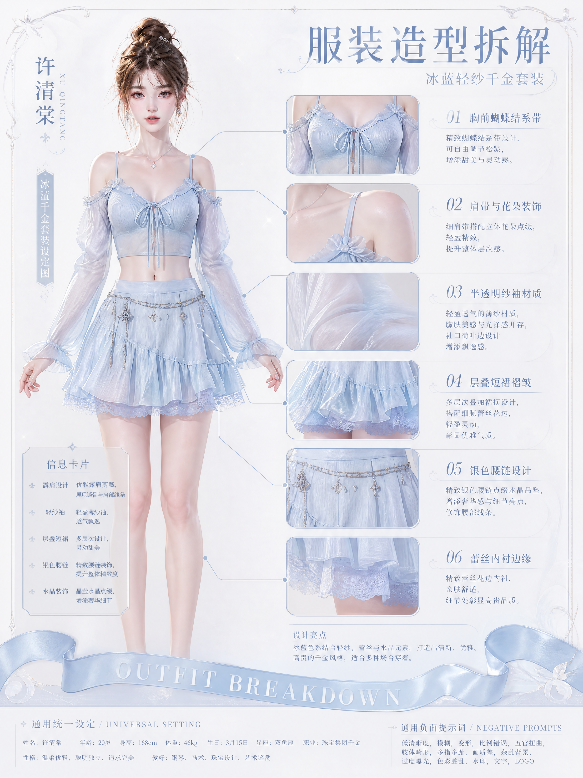 生成一张竖版高级白富美千金人物设定集页面，主题为“许清棠 · 服装造型拆解”。

加…