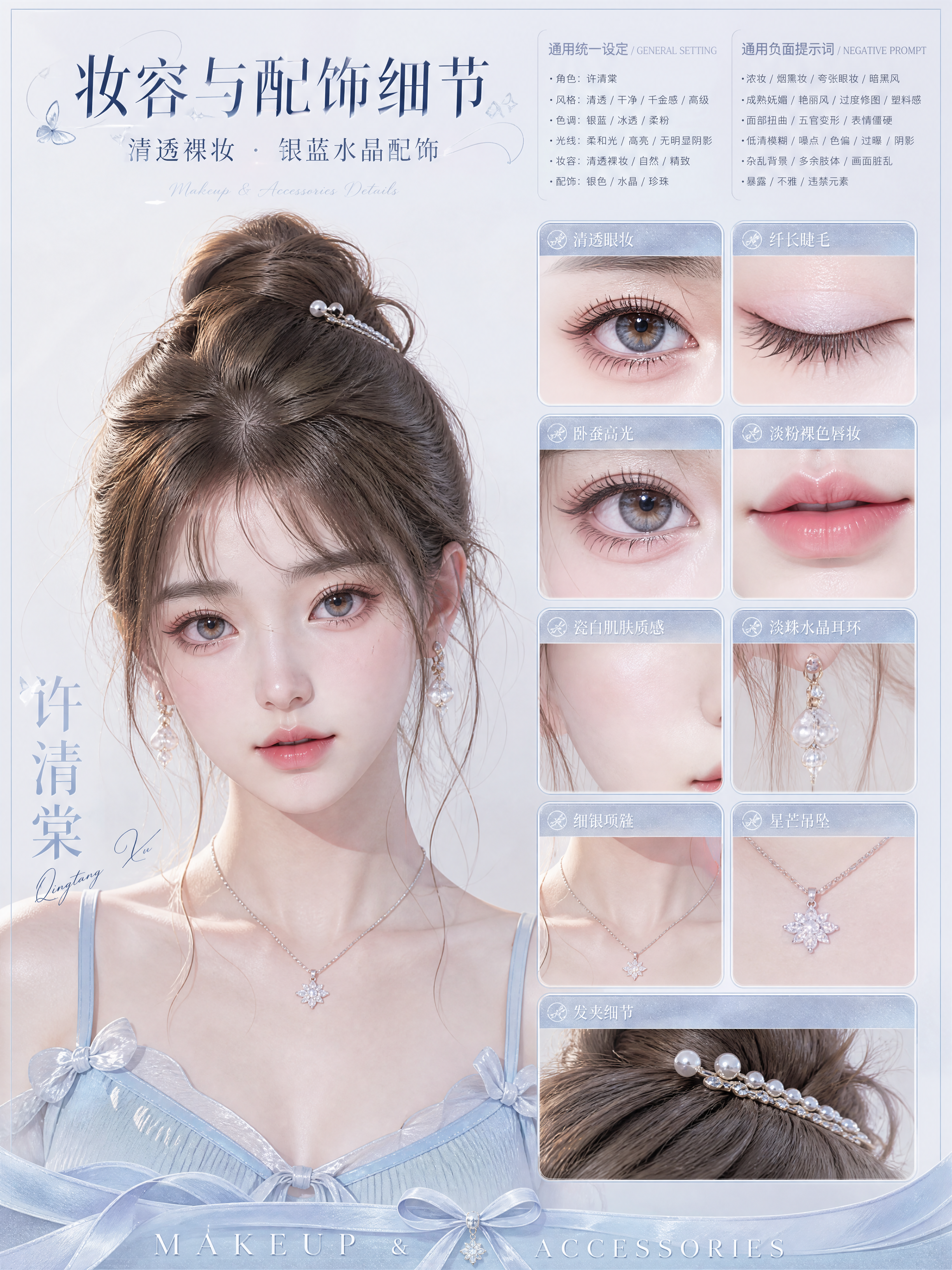生成一张竖版高级白富美千金人物设定集页面，主题为“许清棠 · 妆容与配饰细节”。

…