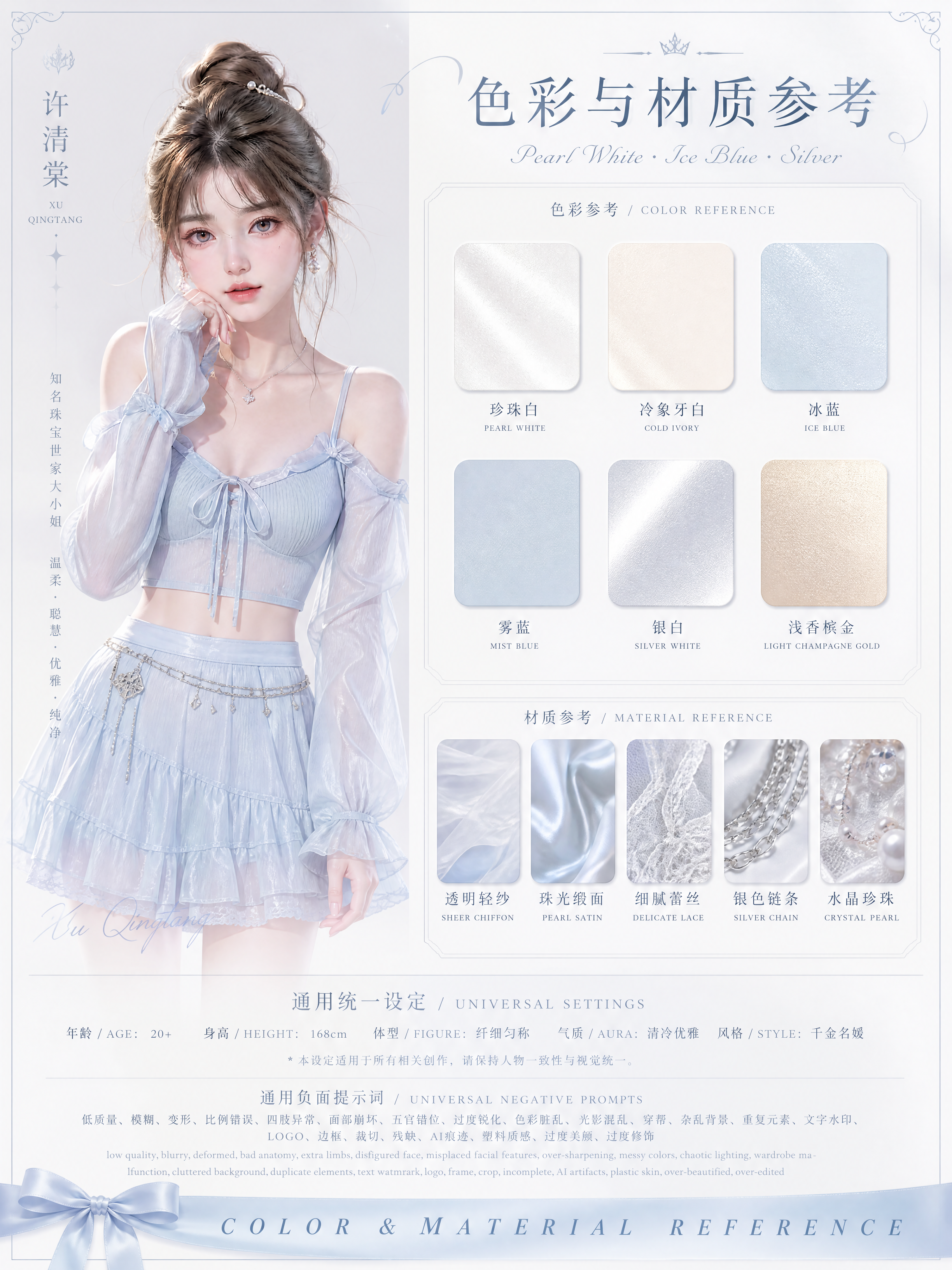 生成一张竖版高级白富美千金人物设定集页面，主题为“许清棠 · 色彩与材质参考”。

…