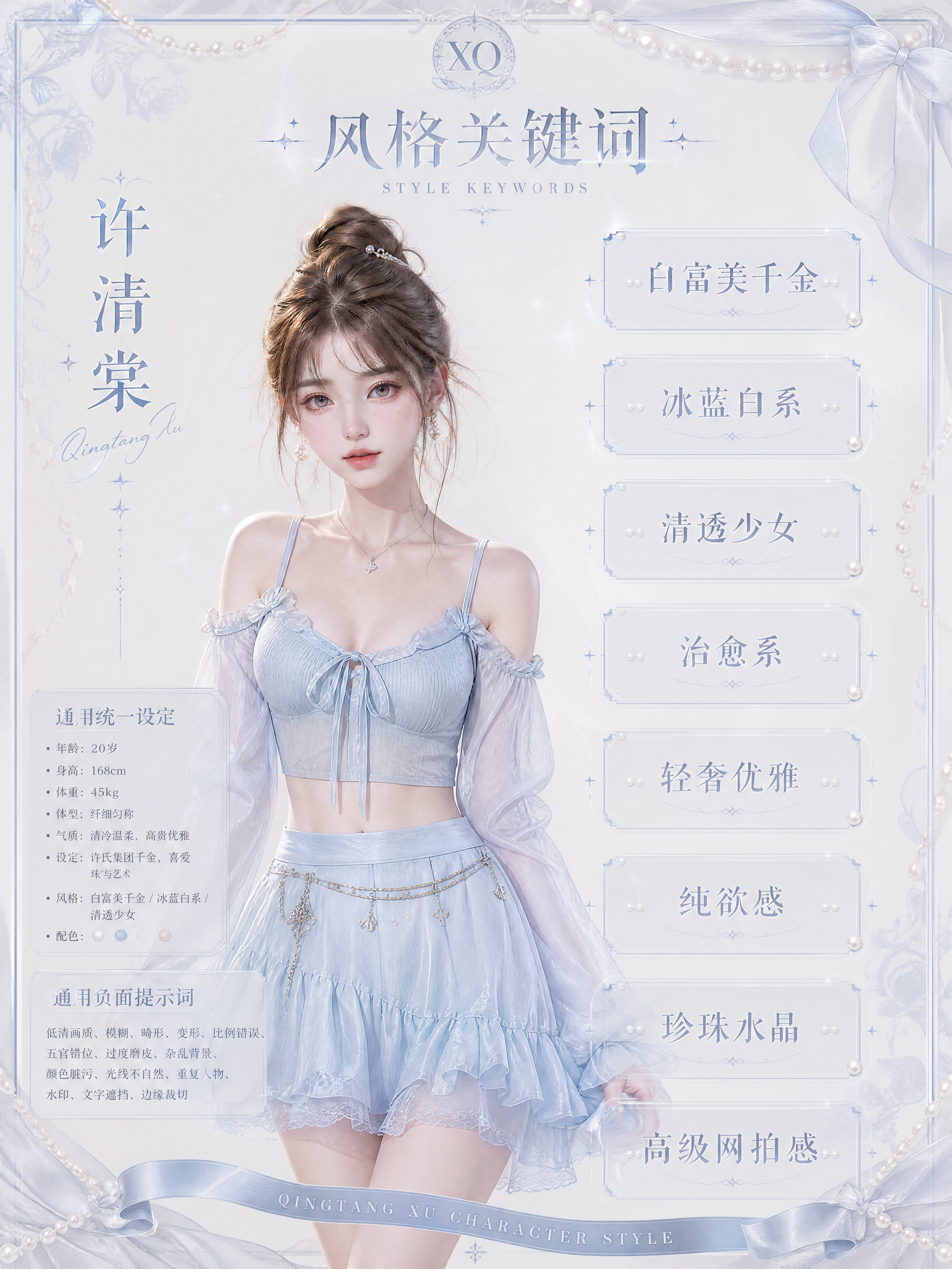 生成一张竖版高级白富美千金人物设定集收尾页，主题为“许清棠 · 风格关键词”。

加…