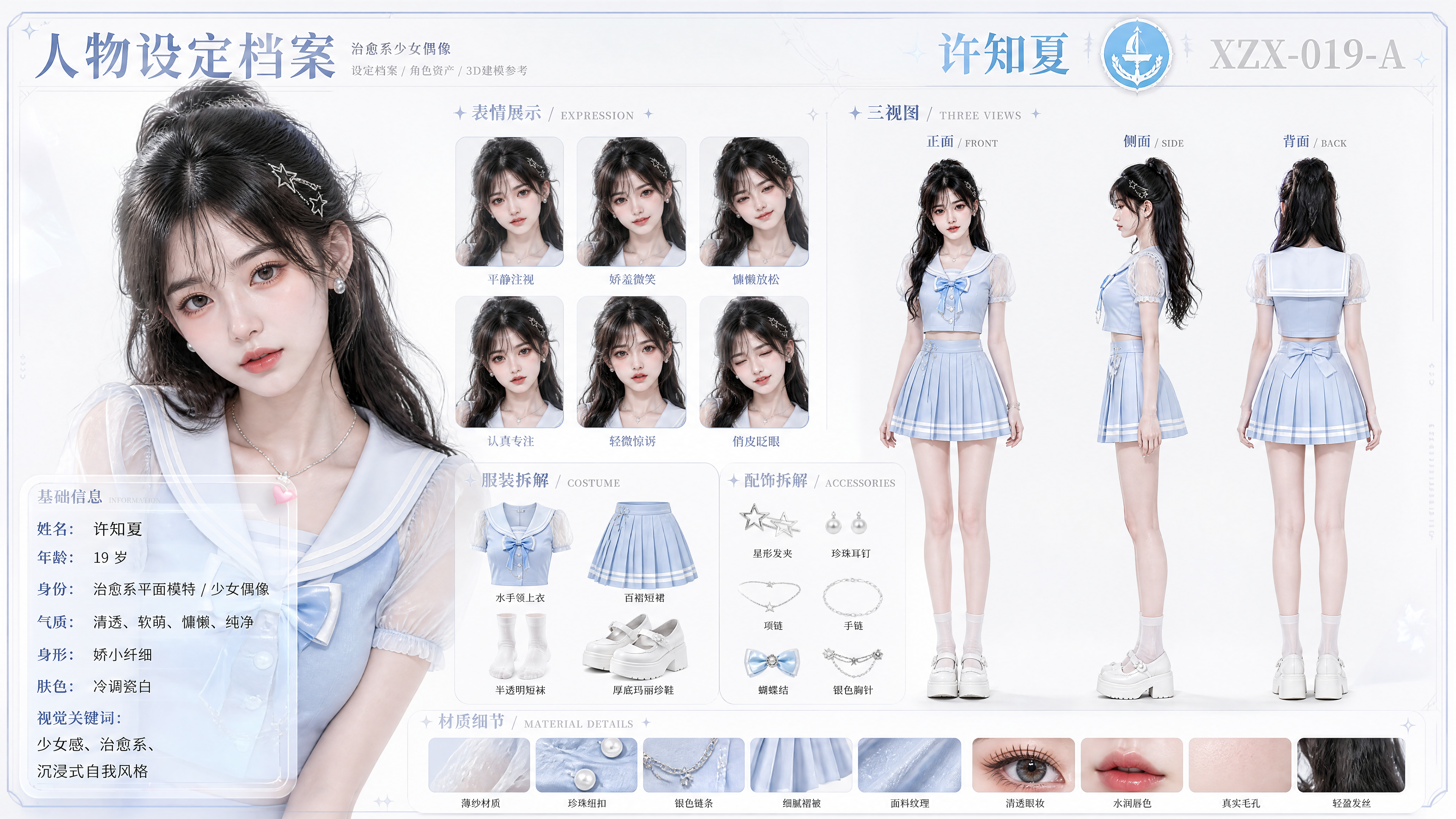 横版 16:9 AIGC 女性角色资产设定档案海报，角色名【许知夏】，19 岁成年女…