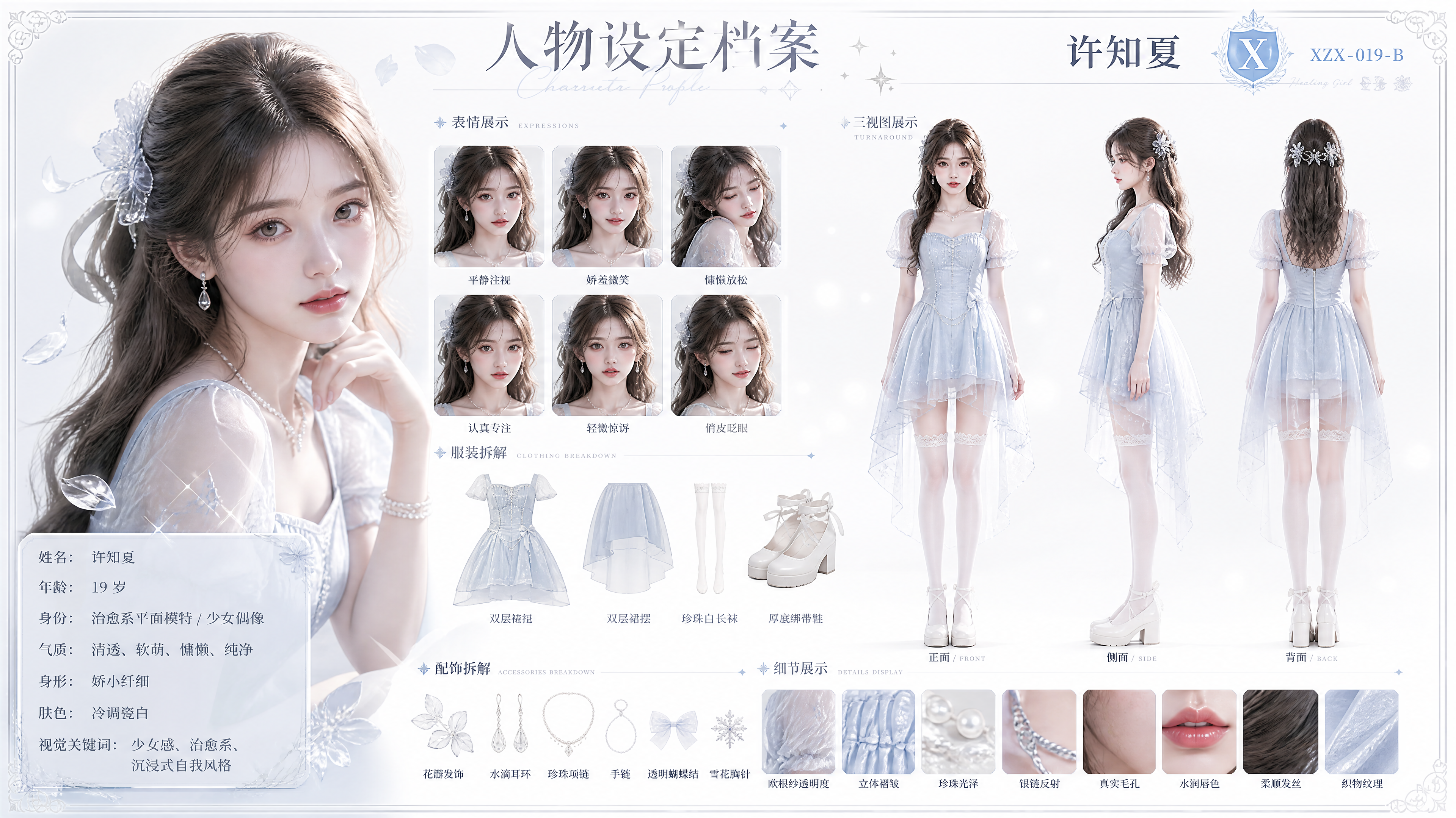 横版 16:9 AIGC 女性角色资产设定档案海报，角色名【许知夏】，19 岁成年女…